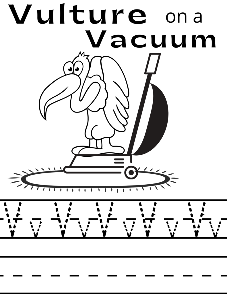 downloadable letter v practice paper with a vulture on a vacuum