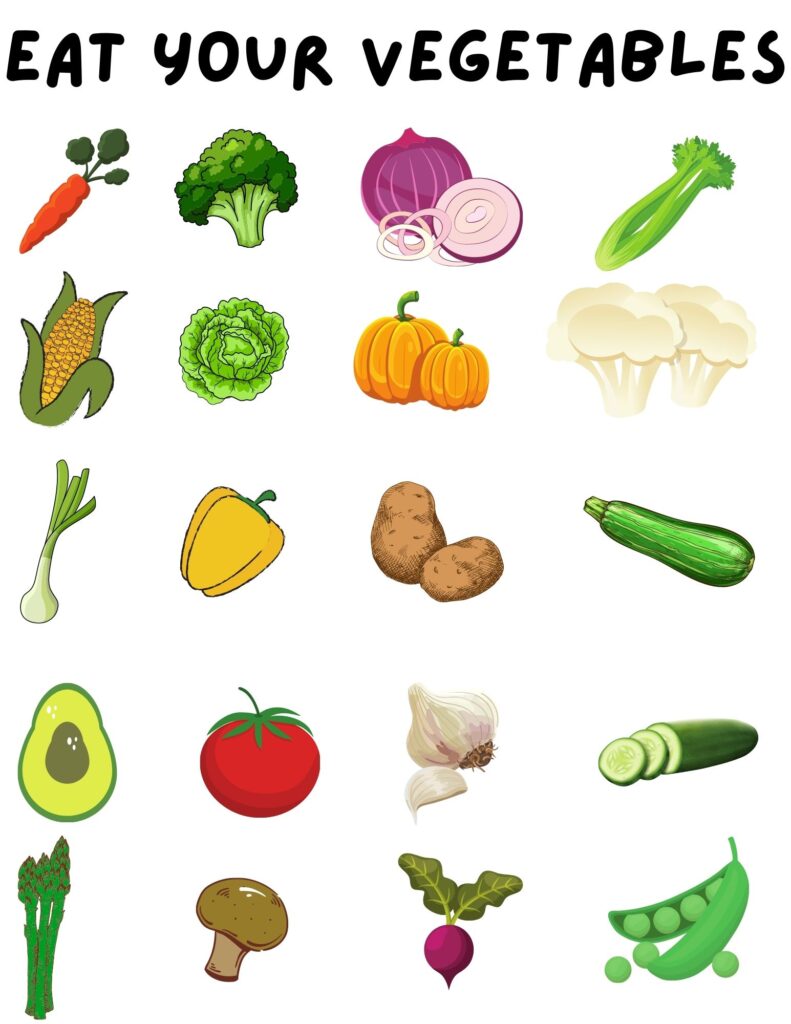 eat your vegetables. with preschool images of carrots, broccoli, onions, celery, corn, lettuce and other veggies 