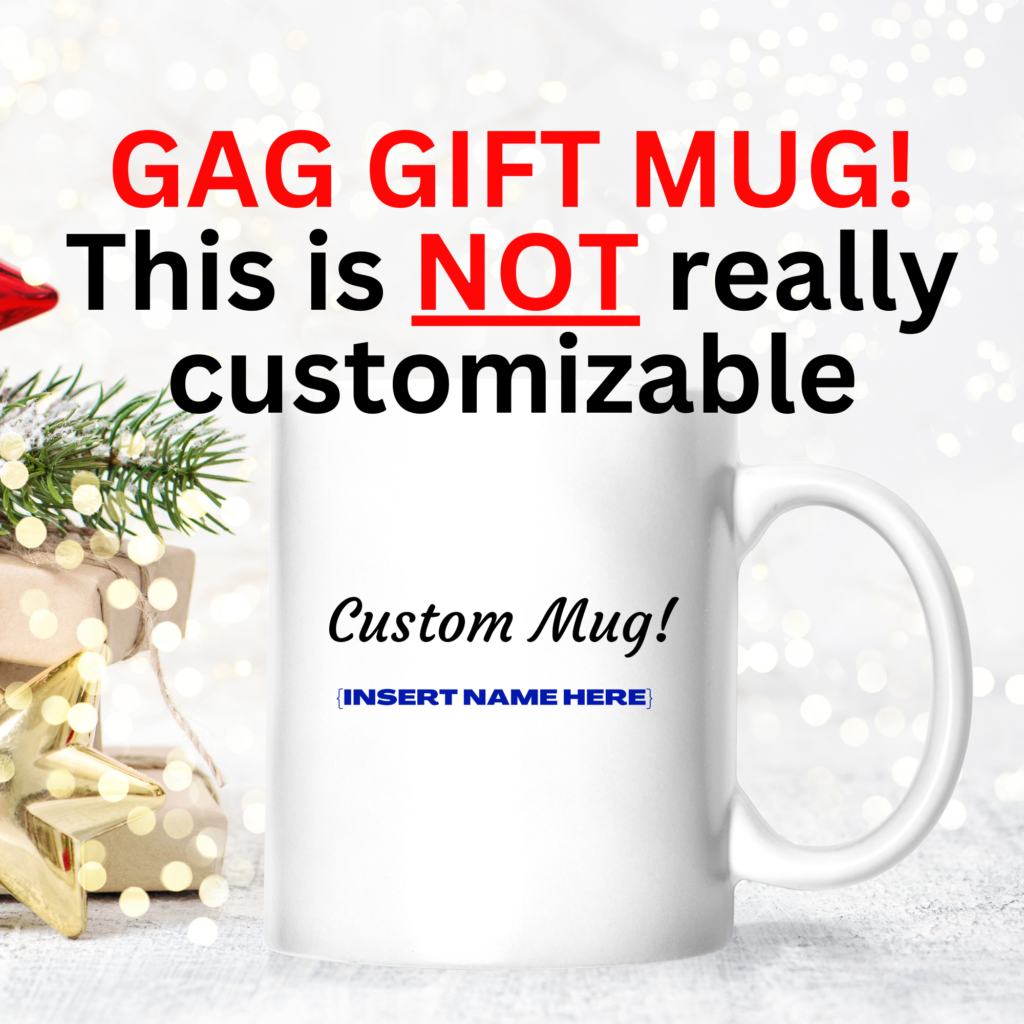 white mug that has the words custom mug insert name here with a christmas background